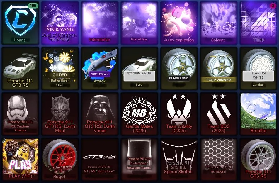 RL1017 GT3 RS Porsche, Dominus TW, 3x Fennec, Black Market, Cristiano, Titanium White, Interstellar, Lightspeed, Firegod + Full Inventory Level 270 